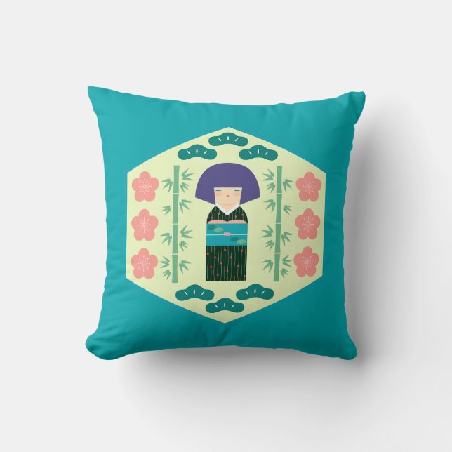 Cute Kokeshi Doll Hexagon Pattern Kudde (Framsida)