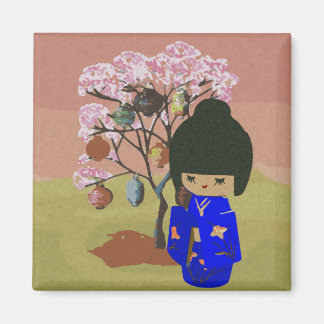 Cute kokeshi Doll med körsbär blommar träd Magnet