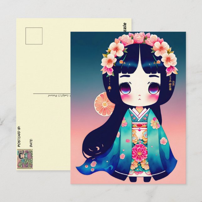 Cute Kokeshi Doll, Postcross Vykort (Fram/baksida)