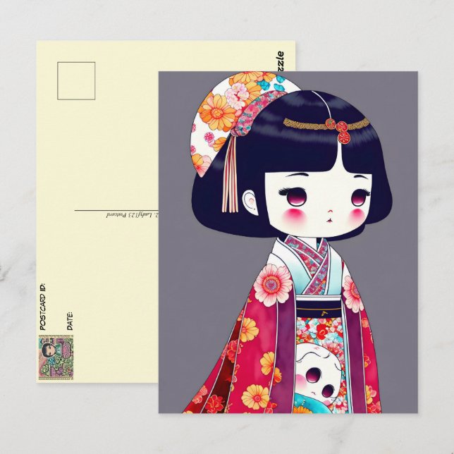 Cute Kokeshi Doll, Postcross Vykort (Fram/baksida)