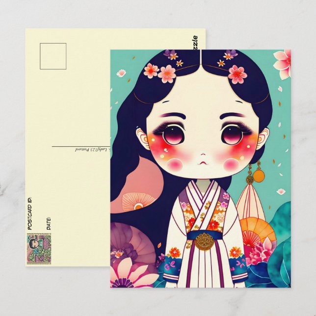 Cute Kokeshi Doll, Postcross Vykort (Fram/baksida)