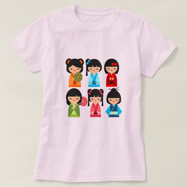 Cute Kokeshi Japanska dockor T Shirt (Design framsida)