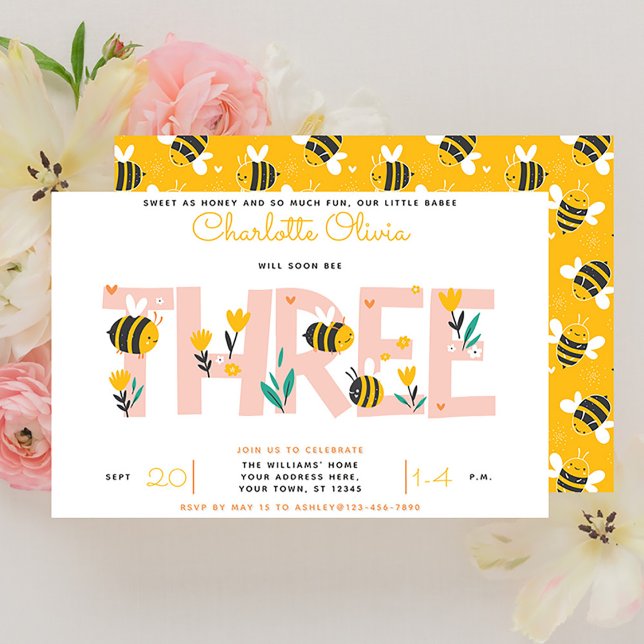 Cute kommer snart att vara tre flickor Blommigt 3: Inbjudningar (3rd Birthday Invitation!)