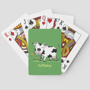 Cute kon i grönt fält tecknad illustration casinokort