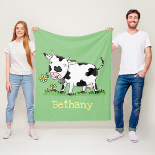 Cute kon i grönt fält tecknad illustration fleecefilt
