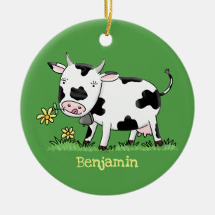 Cute kon i grönt fält tecknad illustration julgransprydnad keramik