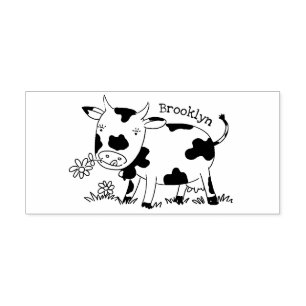 Cute kon i grönt fält tecknad illustration stämpel