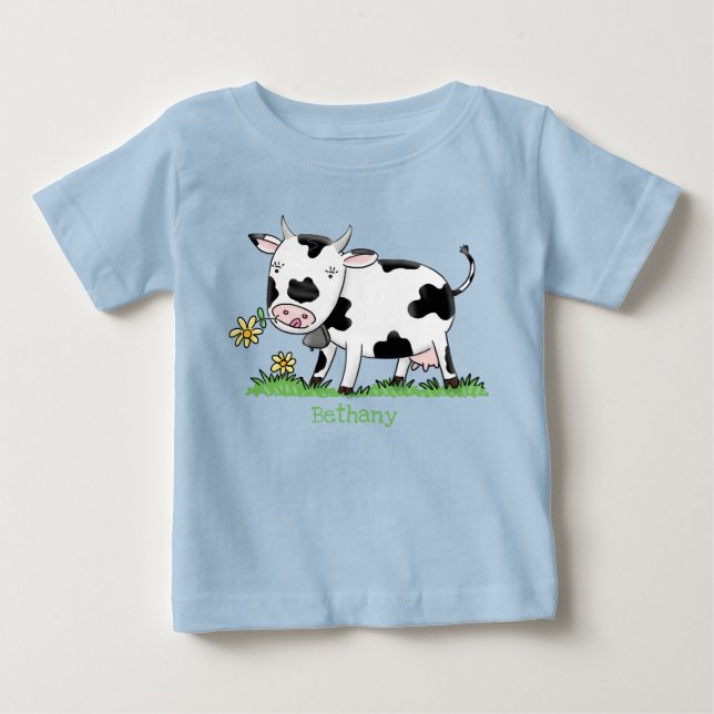 Cute kon i grönt fält tecknad illustration t shirt (Framsida)