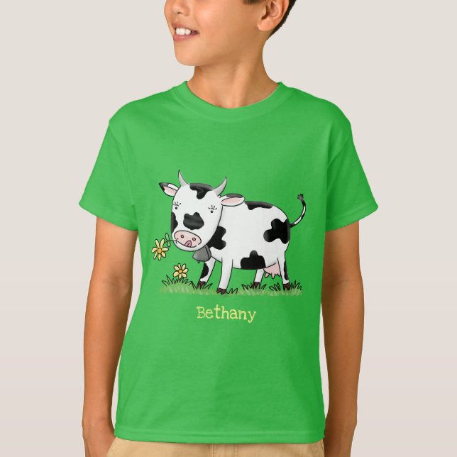 Cute kon i grönt fält tecknad illustration t shirt (Framsida)