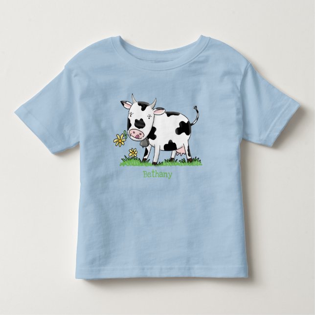 Cute kon i grönt fält tecknad illustration t shirt (Framsida)