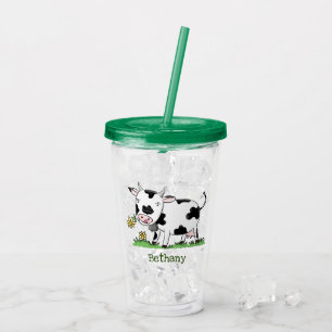 Cute kon i grönt fält tecknad illustration take away mugg