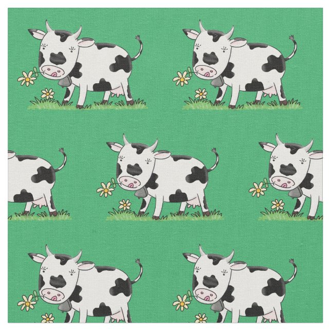 Cute kon i grönt fält tecknad illustration tyg (Närbild)
