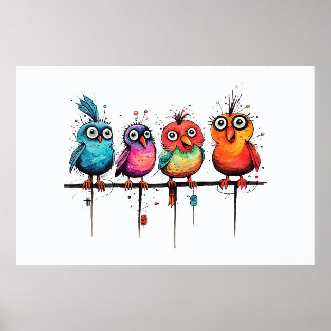 Cute Konstig Birds sitta på Gren poster (Framsidan)