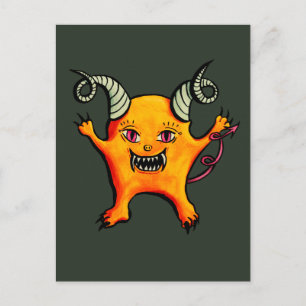 Cute Konstig Horned Little Djävulen Creature Vykort