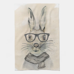 Cute, konstig vattenfärgsbunny med glasögon och kökshandduk