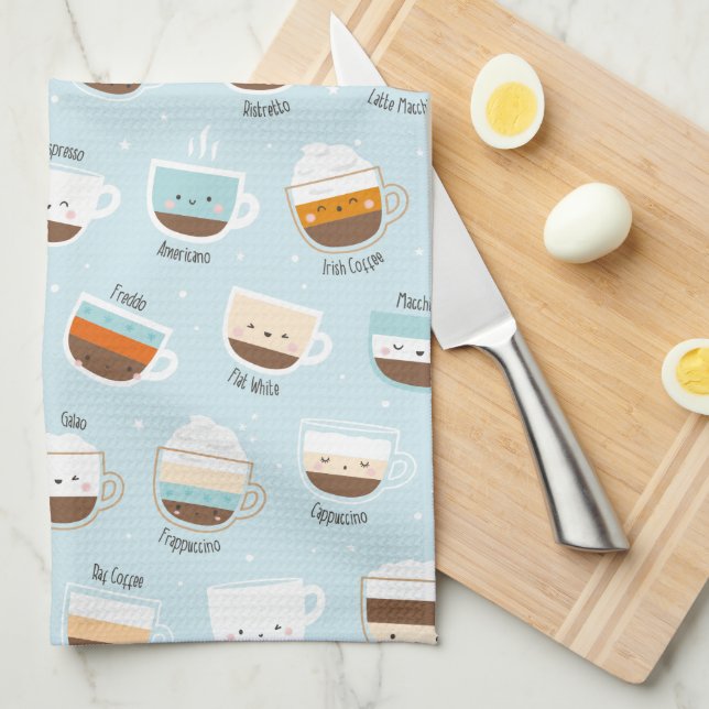 Cute kopp kaffe på ljusblått kökshandduk (Vikt i Fjärdedel)