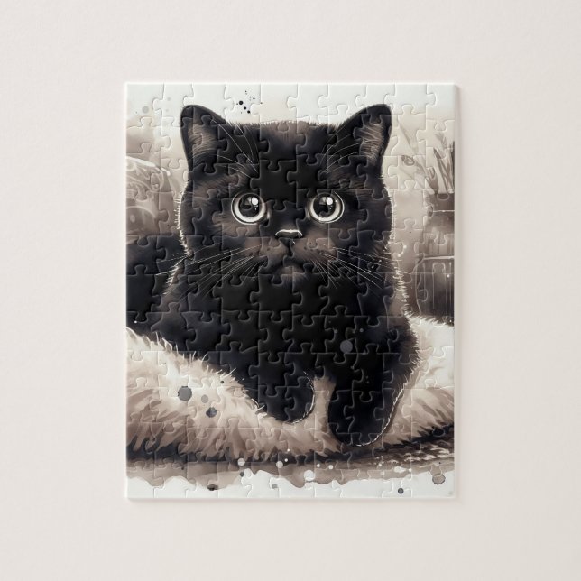 Cute Kort Hair Black Cat Jigszle Puzzle Pussel (Vertikal)