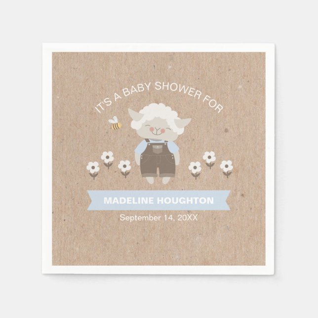 Cute Kraft Blue Lamb Boy Shower Napkin Pappersservett (Framsidan)
