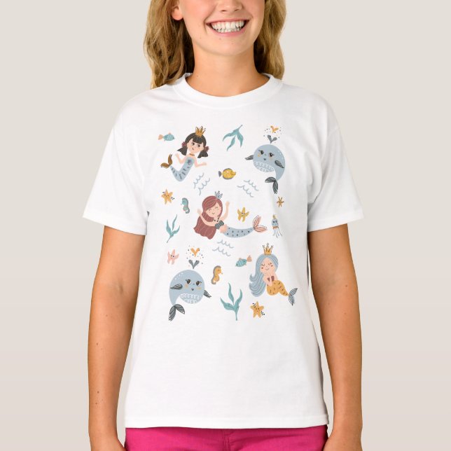Cute Kreativ Illustrated Kids Sjöjungfruar T Shirt (Framsida)