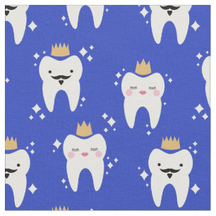 Cute Kung och Queen Tooth Mönster Blue Tyg