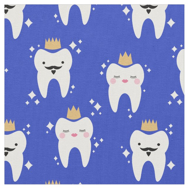 Cute Kung och Queen Tooth Mönster Blue Tyg (Närbild)