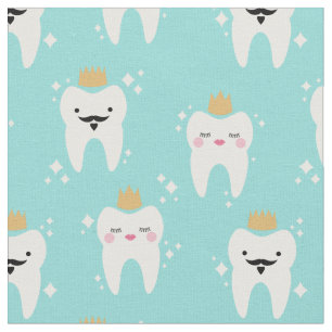 Cute Kung och Queen Tooth Mönster Turquise Tyg