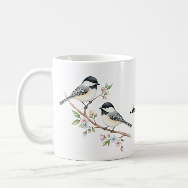 Cute-kycklingar på Blommigt Gren Anpassat namn Kaffemugg (Vänster)