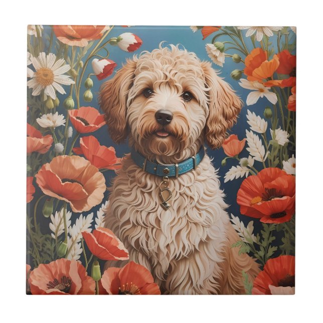 Cute Labradoodle-Daisy och vallmoblomma Kakelplatta (Framsidan)