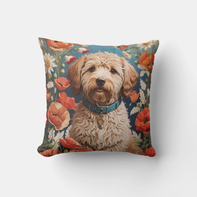 Cute Labradoodle-Daisy och vallmoblomma Kudde (Framsida)