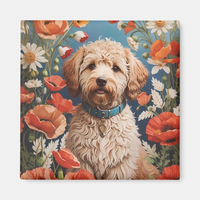 Cute Labradoodle-Daisy och vallmoblomma Magnet (Framsidan)