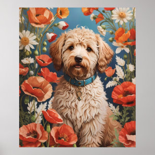Cute Labradoodle-Daisy och vallmoblomma Poster