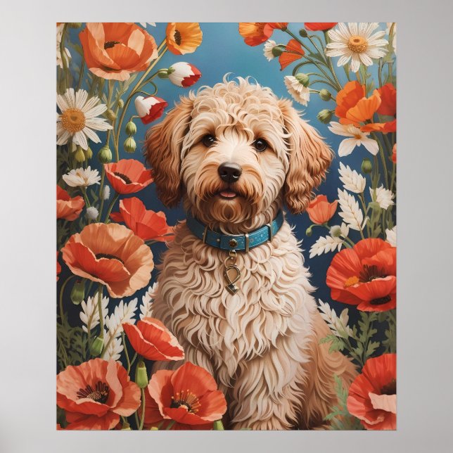 Cute Labradoodle-Daisy och vallmoblomma Poster (Framsidan)