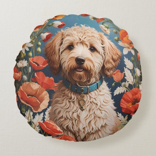 Cute Labradoodle-Daisy och vallmoblomma Rund Kudde (Framsidan)