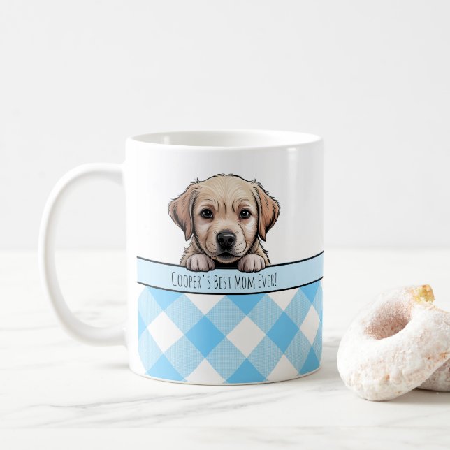 Cute Labrador Puppy Best Dog Mom Blue Gingham Kaffemugg (Med munk)