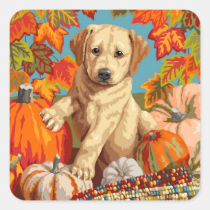 Cute Labrador Retriever Puppy Autumn Harvest Fyrkantigt Klistermärke