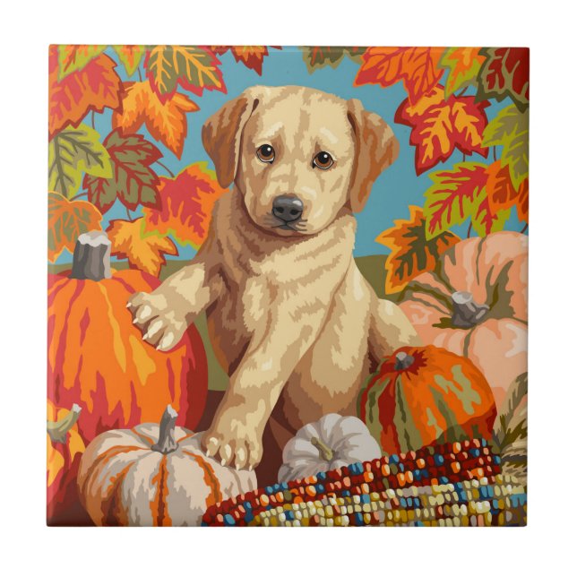Cute Labrador Retriever Puppy Autumn Harvest Kakelplatta (Framsidan)
