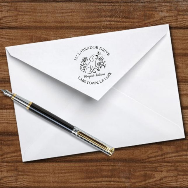 Cute Labrador, valp, blommor, Returadress Självfärgande Stämpel (Cute Labrador Puppy Cartoon Flowers Return Address Self-inking Stamp for Labrador Owners.  Floral.)