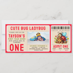 Cute Ladybug 1:a födelsedag Kryp Theme Biljett Inbjudningar