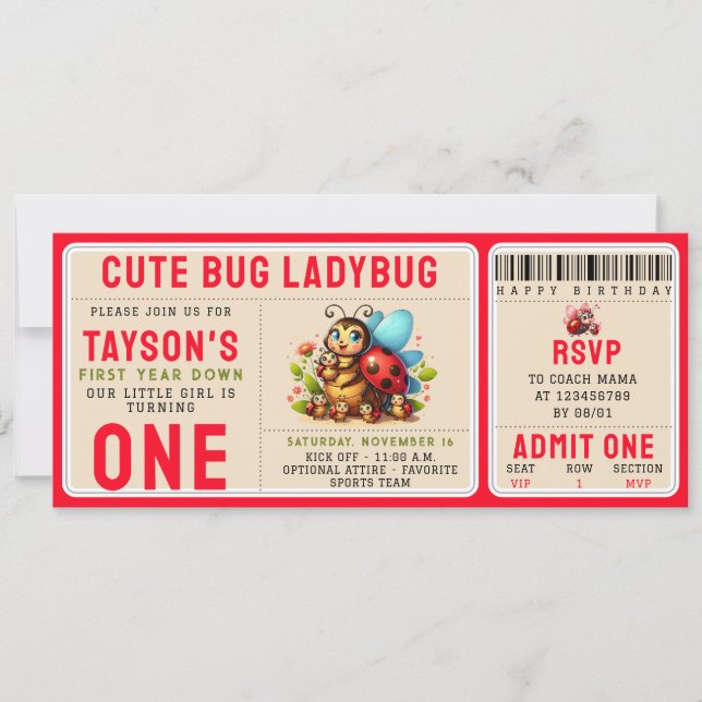 Cute Ladybug 1:a födelsedag | Kryp Theme Biljett Inbjudningar (Framsida)