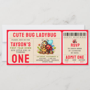 Cute Ladybug 1:a födelsedag Kryp Theme Biljett Inbjudningar