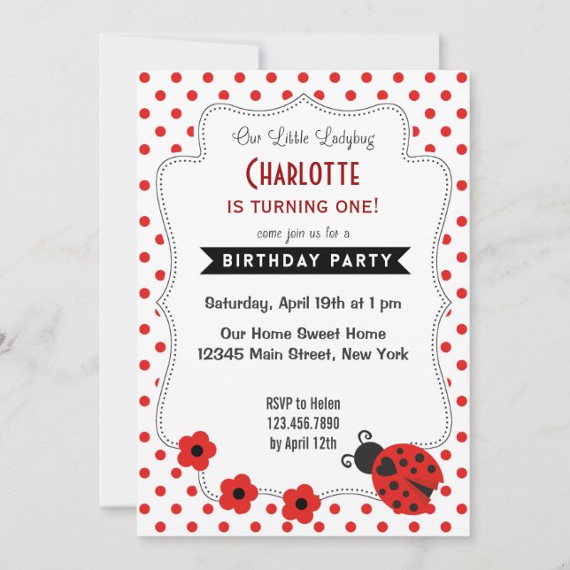 Cute Ladybug Birthday Inbjudan Red Polkadot (Framsida)