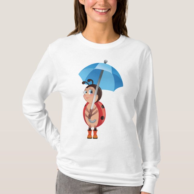 Cute Ladybug Blue Umbrella Rain Boots T Shirt (Framsida)