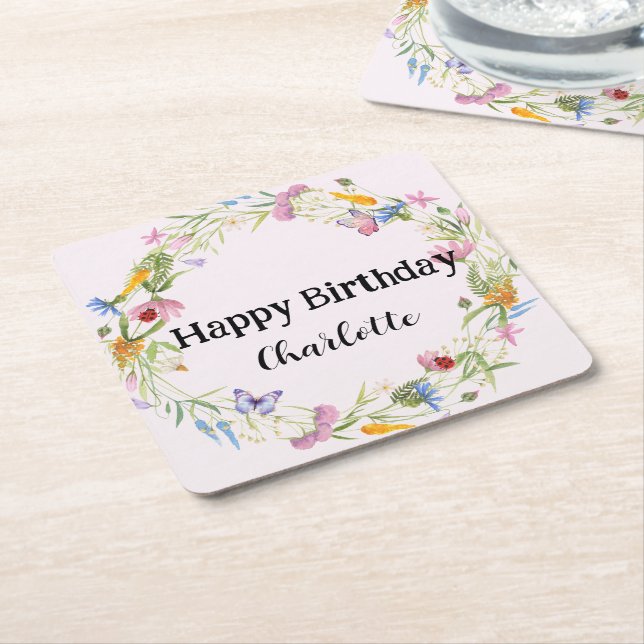 Cute Ladybug Butterfly Daisy blommigt Rustic Mönst Underlägg Papper Kvadrat (Vinklad)