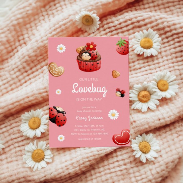 Cute Ladybug Cuptårta Flowers Baby Shower Inbjudningar (Skapare uppladdad)