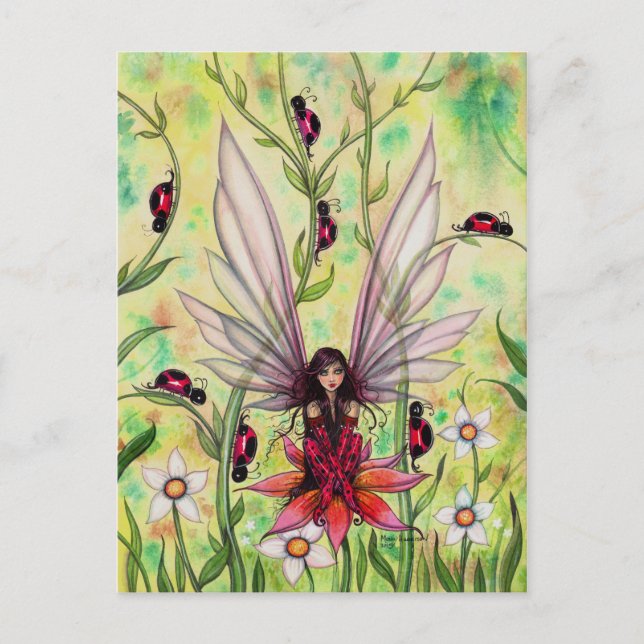 Cute Ladybug Fairy Fantasy Art Illustration Vykort (Framsida)