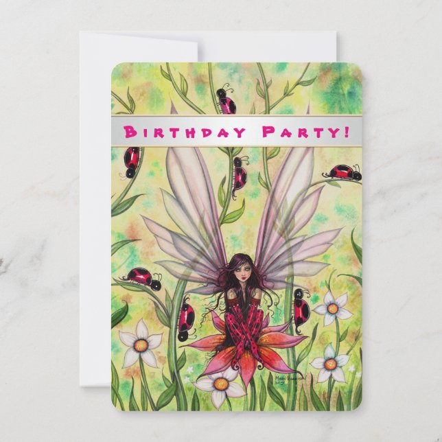 Cute Ladybug Fairy Fantasy Girls Birthday Inbjudan (Baksida)