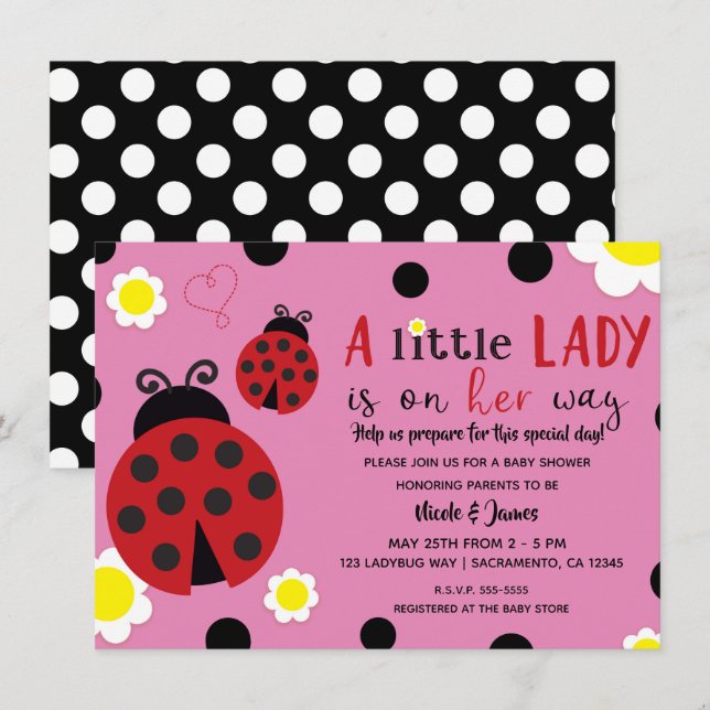 Cute Ladybug Flower Rosa Girls Baby Shower-inbjuda Inbjudningar (Fram/baksida)
