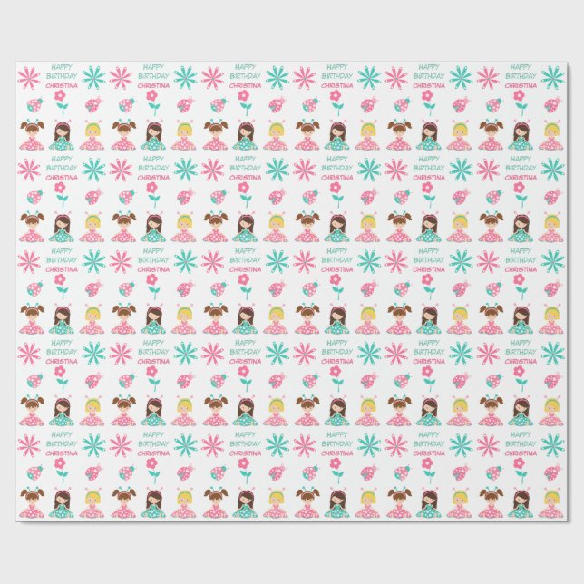 Cute Ladybug Girls Personlig Birthday Presentpapper (Platt)