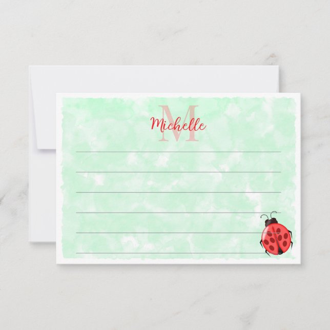 Cute Ladybug Green Watercolor Lined Monogram Anteckningskort (Framsida)