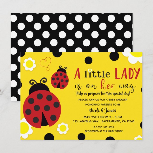 Cute Ladybug Gula blommor Girls Baby Shower Inbjudningar (Fram/baksida)